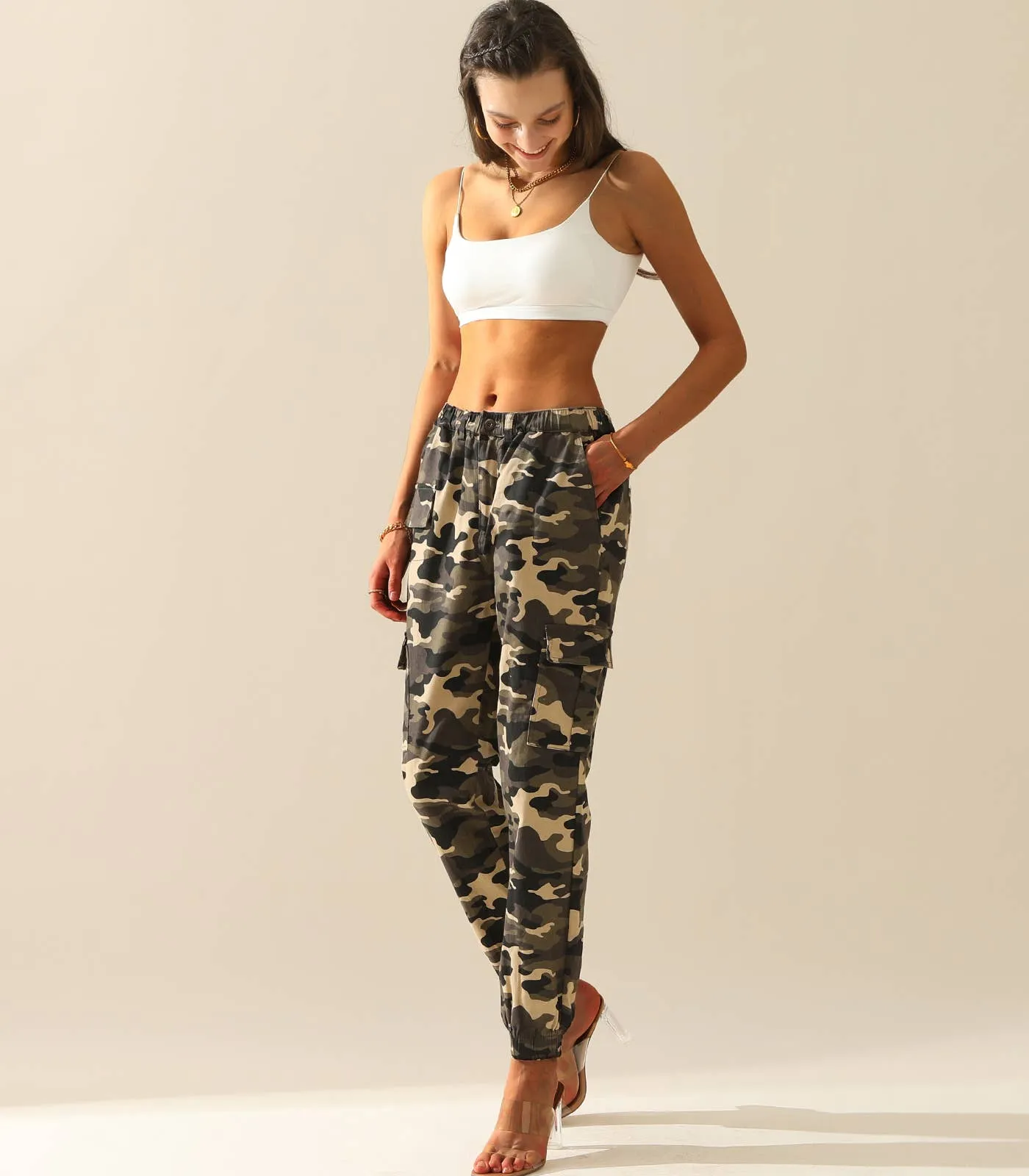 CWBLP400-1_Elastic Waist Camo Cargo Pants Cotton Work Pants: GREENCAMO / (L) 1