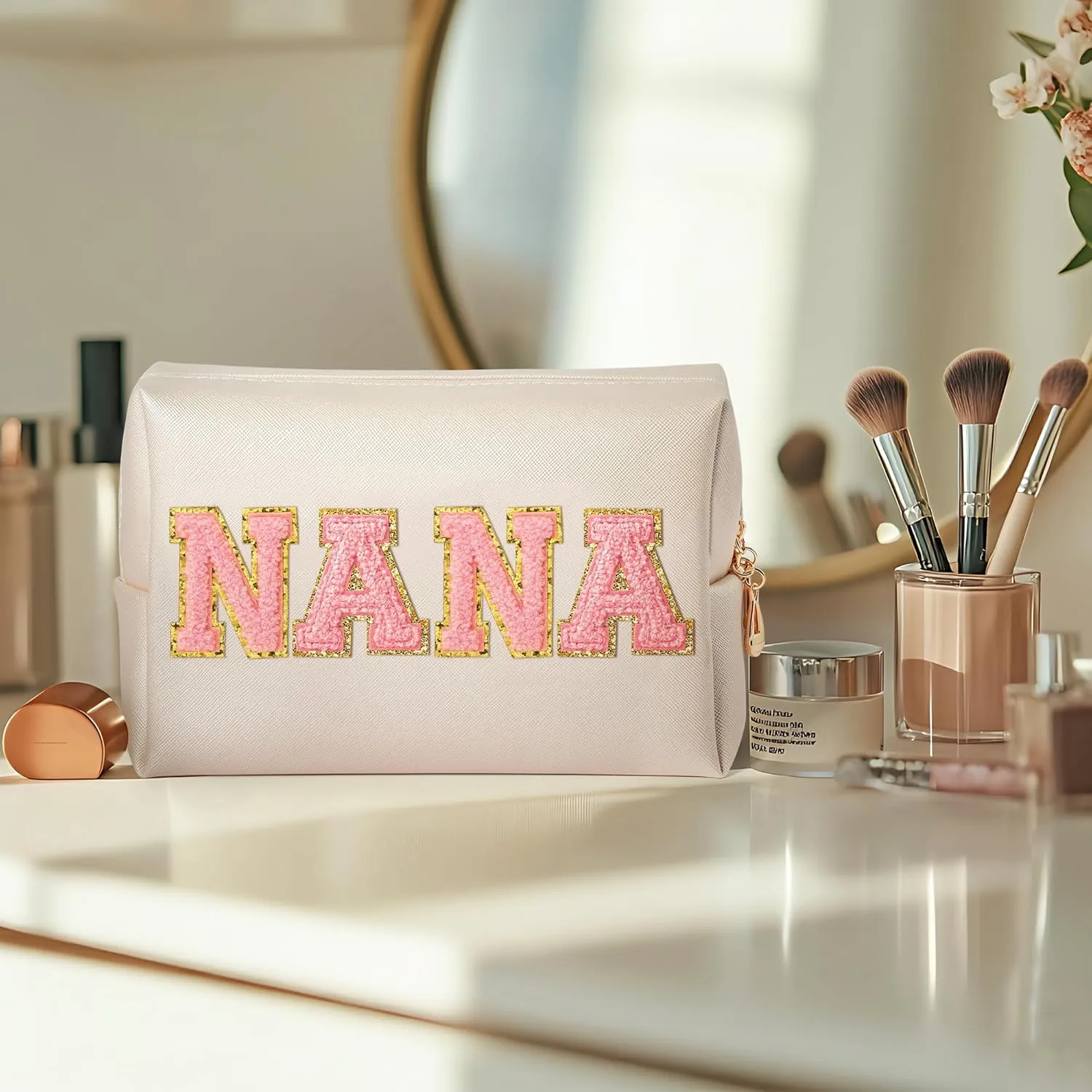 CY2SIDE NANA Letter Makeup Bag - Pink Nana Chenille Letter Patch Cosmetic Bag for Grandma Women Shell Gold PU Leather Patch Pouch Waterproof Portable Zipper Travel Organizer Gift for Mother's Day