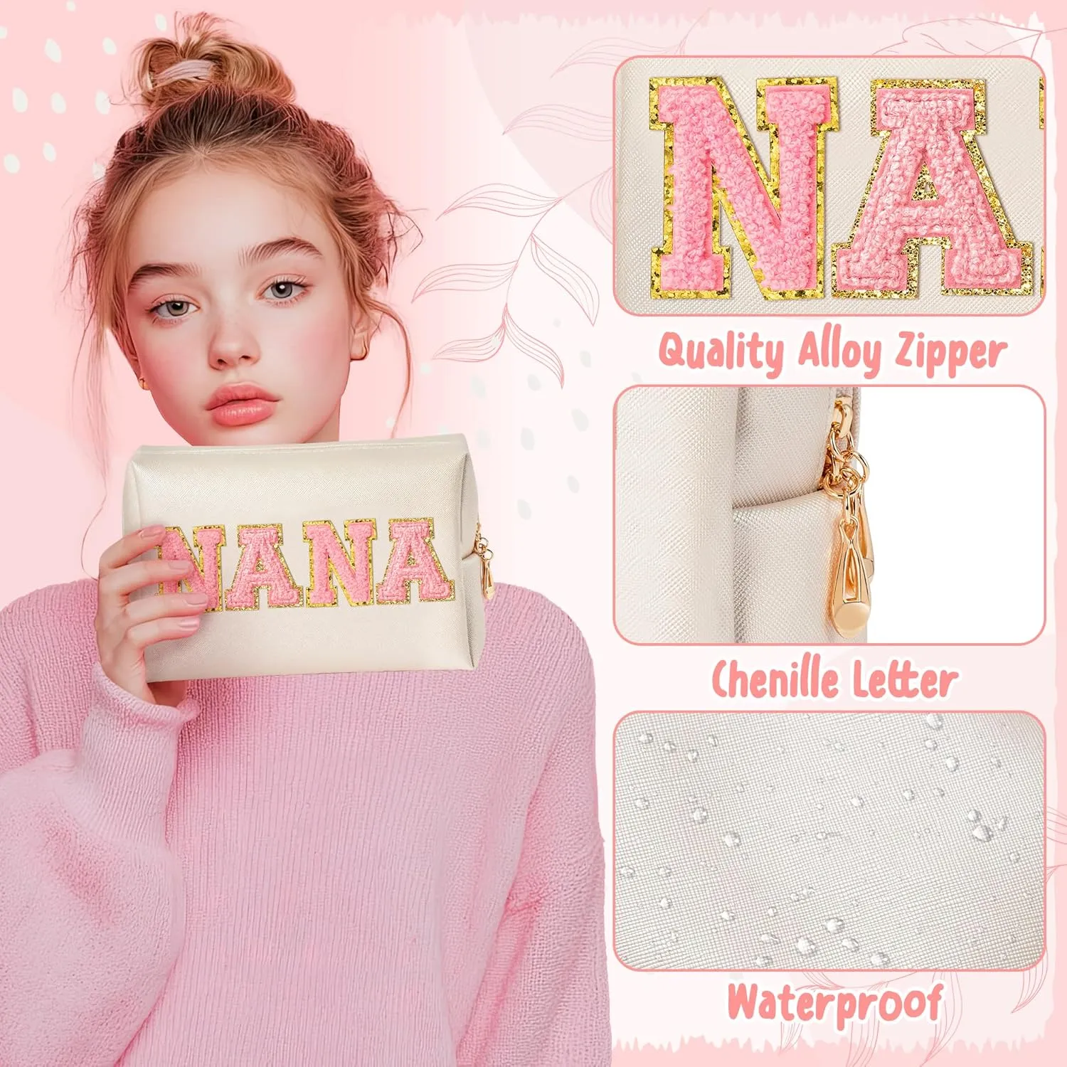 CY2SIDE NANA Letter Makeup Bag - Pink Nana Chenille Letter Patch Cosmetic Bag for Grandma Women Shell Gold PU Leather Patch Pouch Waterproof Portable Zipper Travel Organizer Gift for Mother's Day