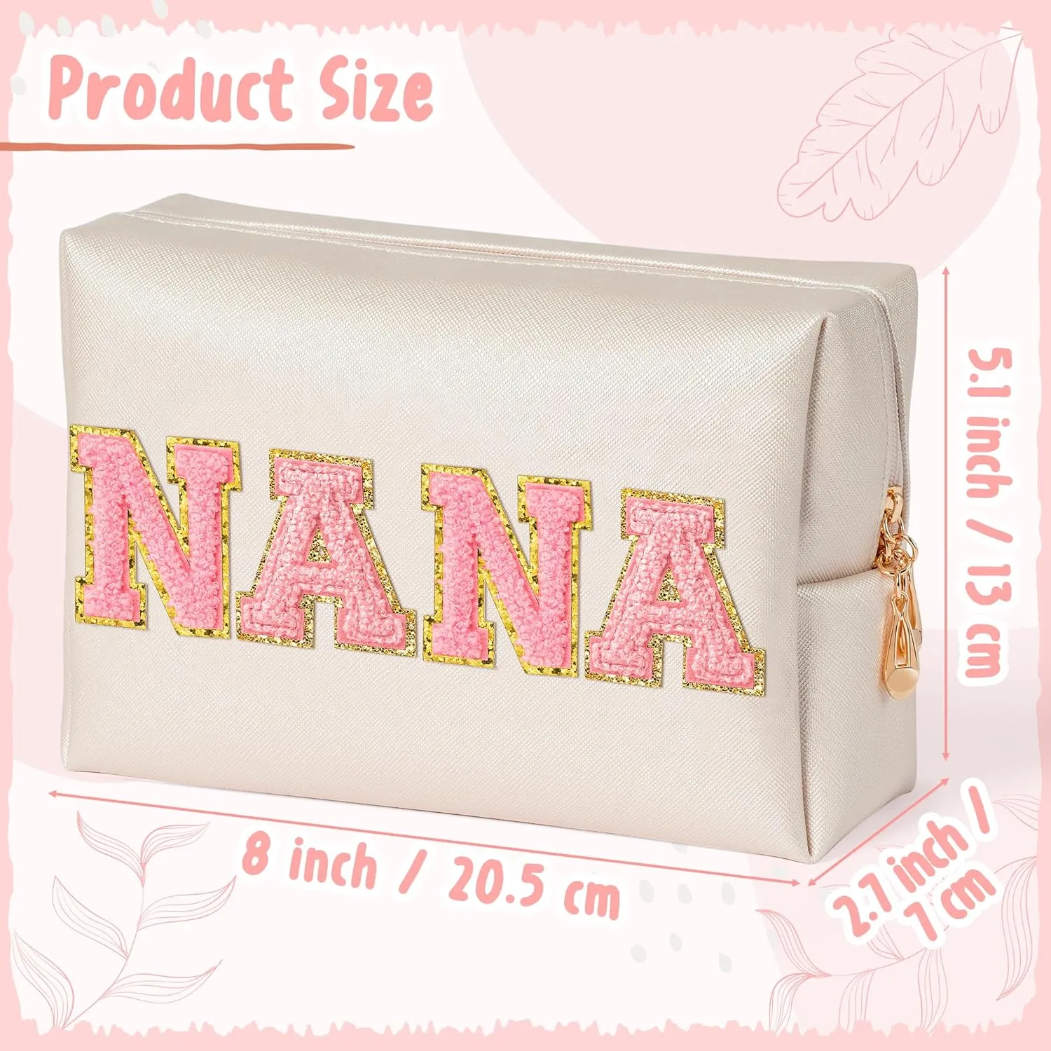 CY2SIDE NANA Letter Makeup Bag - Pink Nana Chenille Letter Patch Cosmetic Bag for Grandma Women Shell Gold PU Leather Patch Pouch Waterproof Portable Zipper Travel Organizer Gift for Mother's Day