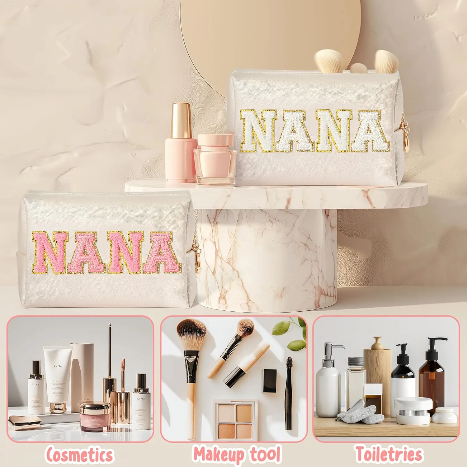 CY2SIDE NANA Letter Makeup Bag - Pink Nana Chenille Letter Patch Cosmetic Bag for Grandma Women Shell Gold PU Leather Patch Pouch Waterproof Portable Zipper Travel Organizer Gift for Mother's Day