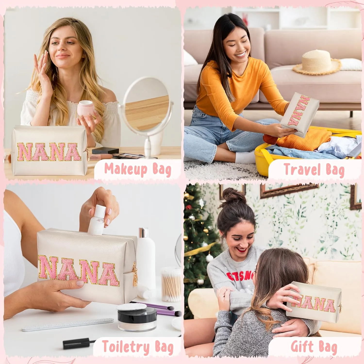 CY2SIDE NANA Letter Makeup Bag - Pink Nana Chenille Letter Patch Cosmetic Bag for Grandma Women Shell Gold PU Leather Patch Pouch Waterproof Portable Zipper Travel Organizer Gift for Mother's Day