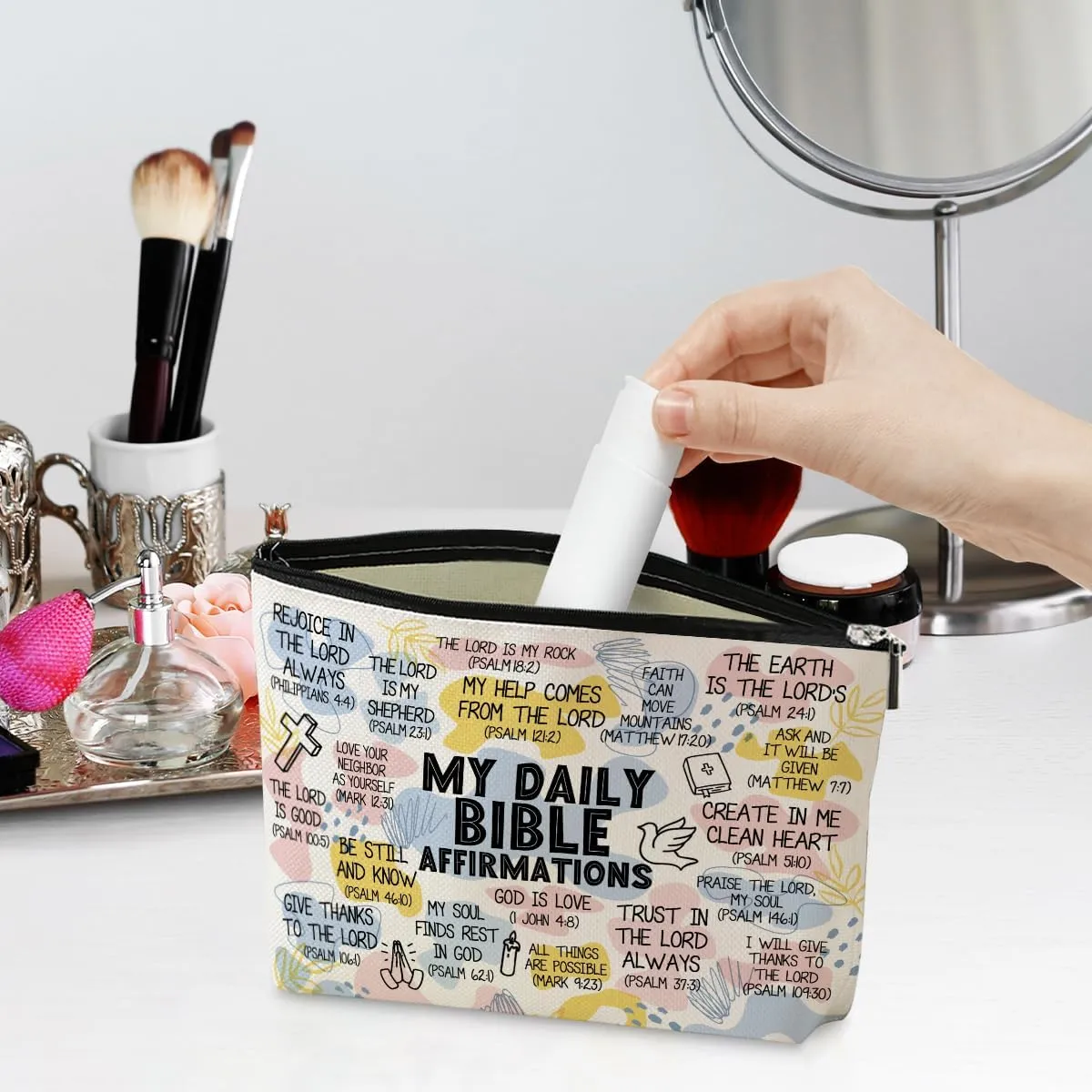 Daily Affirmations for Women Scripture Bible Verse Makeup Bag Faith Christian Gifts for Women Mental Health Gifts for Female Sister Friend Coworker Birthday Friendship Mothers Day Travel Toiletry Bag