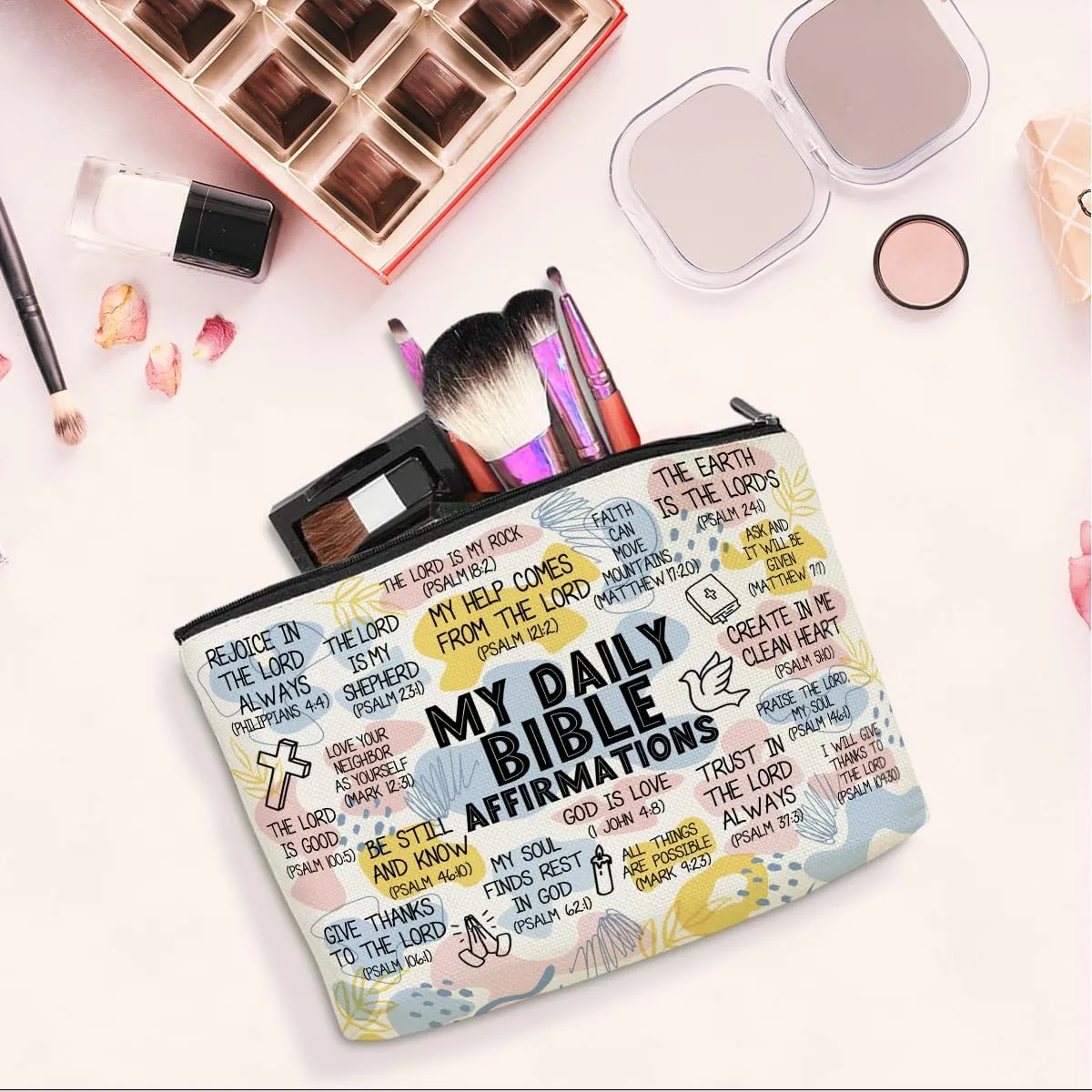 Daily Affirmations for Women Scripture Bible Verse Makeup Bag Faith Christian Gifts for Women Mental Health Gifts for Female Sister Friend Coworker Birthday Friendship Mothers Day Travel Toiletry Bag