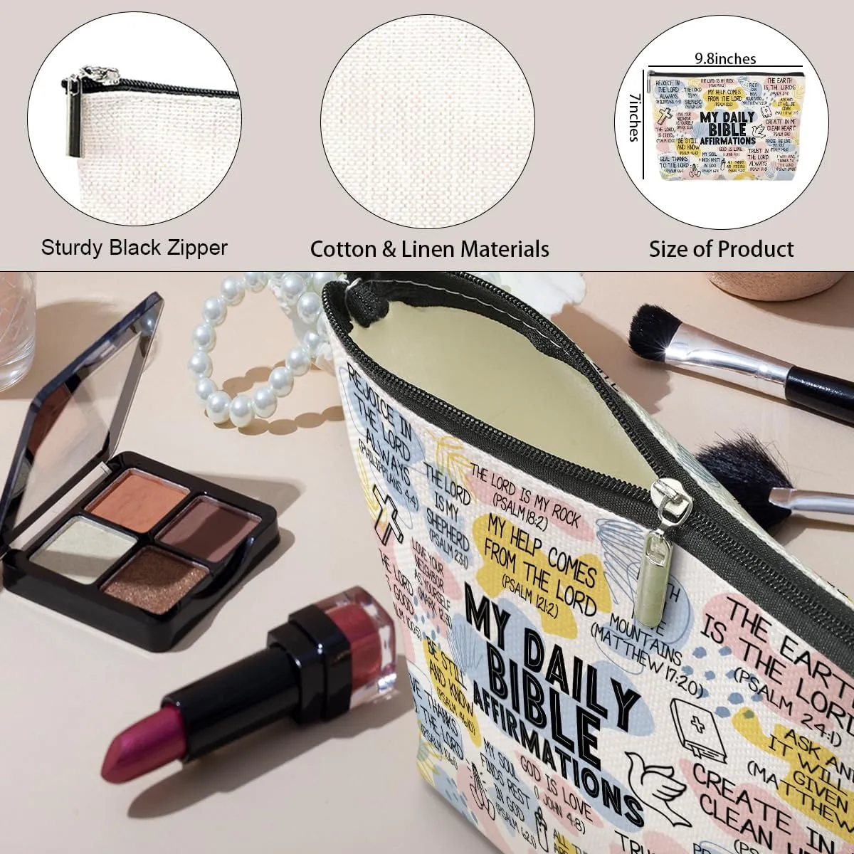 Daily Affirmations for Women Scripture Bible Verse Makeup Bag Faith Christian Gifts for Women Mental Health Gifts for Female Sister Friend Coworker Birthday Friendship Mothers Day Travel Toiletry Bag