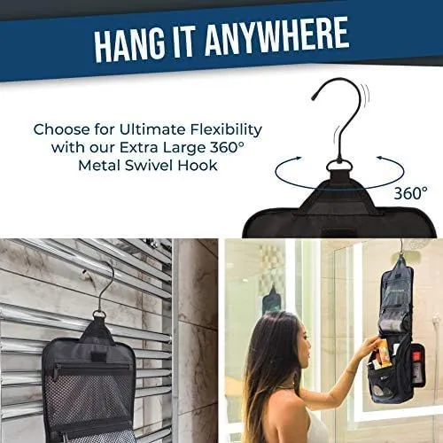 D&D Hanging Travel Toiletry Bag for Men and Women – Cosmetics, Makeup and Toiletries Organizer Kit with 10 Compartments, XXL Metal Swivel Hook, Water-Resistant Nylon