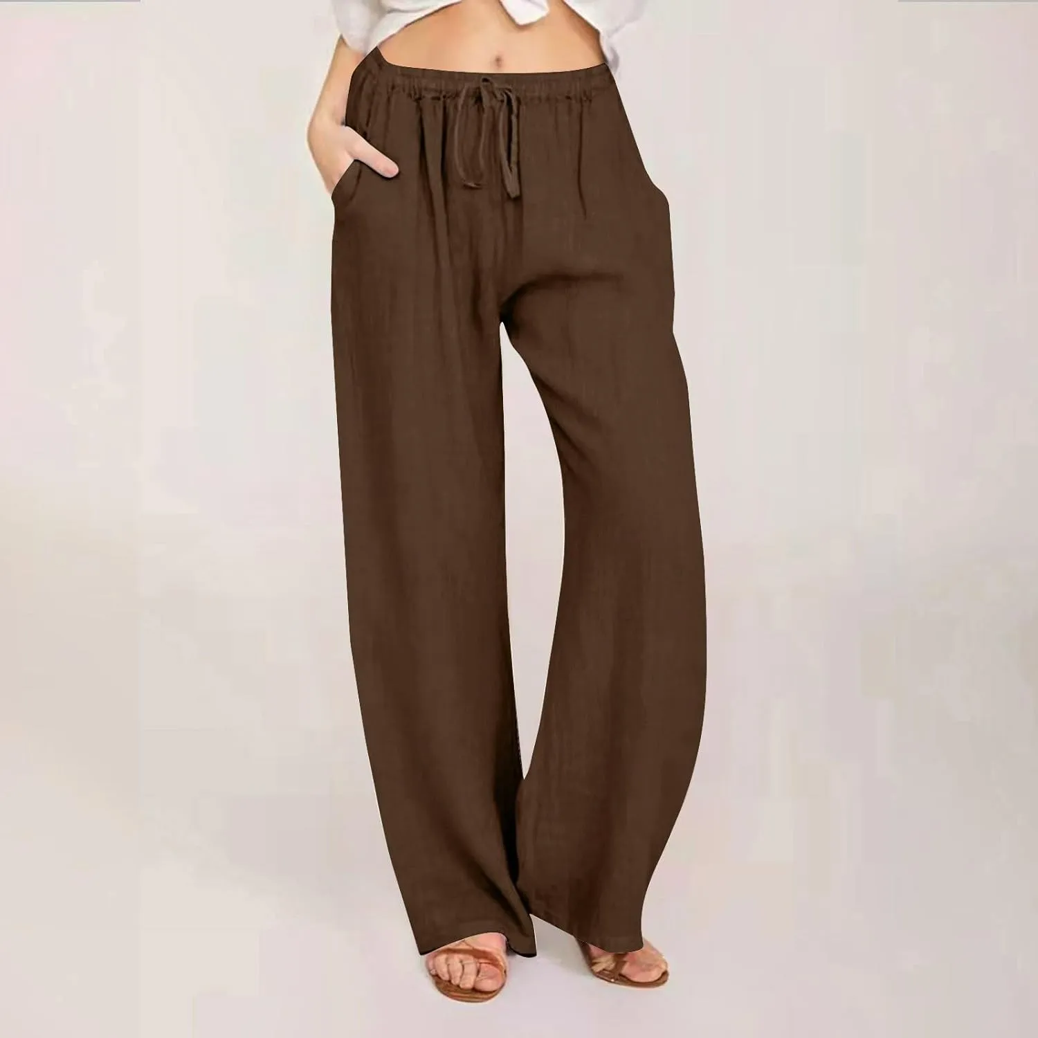 DASAYO Womens Linen Palazzo Pants Summer Casual Boho Wide Leg Drawstring High Waist Loose Fit Beach Trousers with Pockets