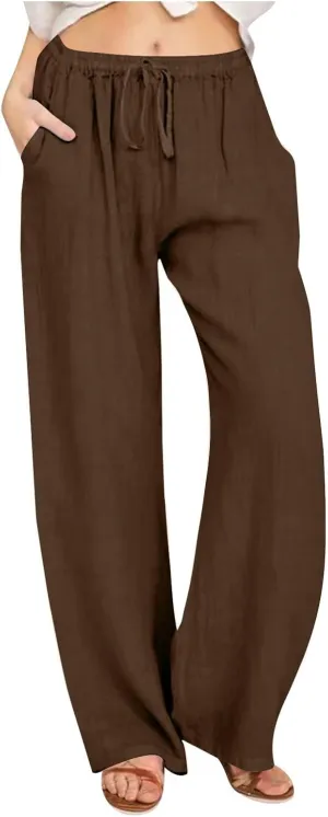 DASAYO Womens Linen Palazzo Pants Summer Casual Boho Wide Leg Drawstring High Waist Loose Fit Beach Trousers with Pockets