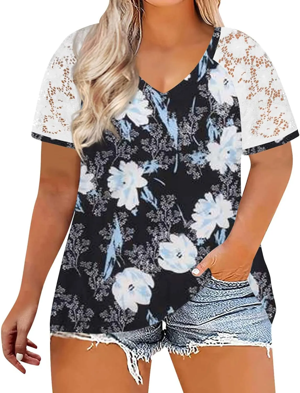 DASAYO Women's Plus Size Summer Tops Lace Short Sleeve Floral Print Trendy Tee Shirts Fashion Casual Summer t Shirt Blouses