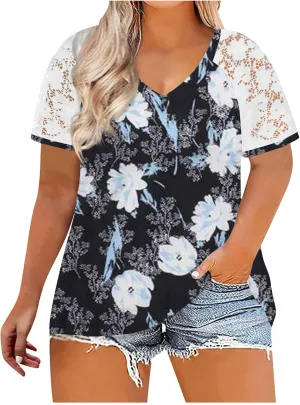 DASAYO Women's Plus Size Summer Tops Lace Short Sleeve Floral Print Trendy Tee Shirts Fashion Casual Summer t Shirt Blouses