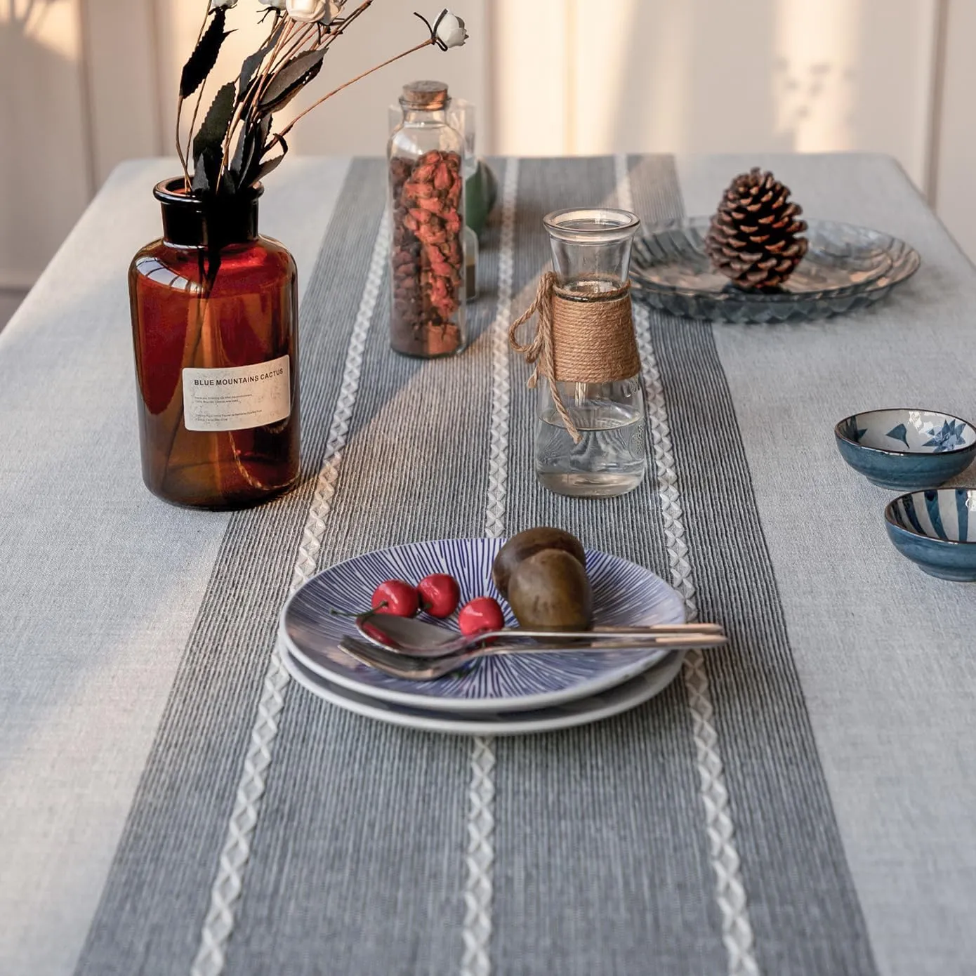 Deep Dream Tablecloth, Embroidered Waterproof Table Cloth Cotton Linen Wrinkle Free Anti-Fading Tablecloths Washable Dust-Proof Table Cover for Kitchen Dinning Party, 55 x 120 Inch - New Gray