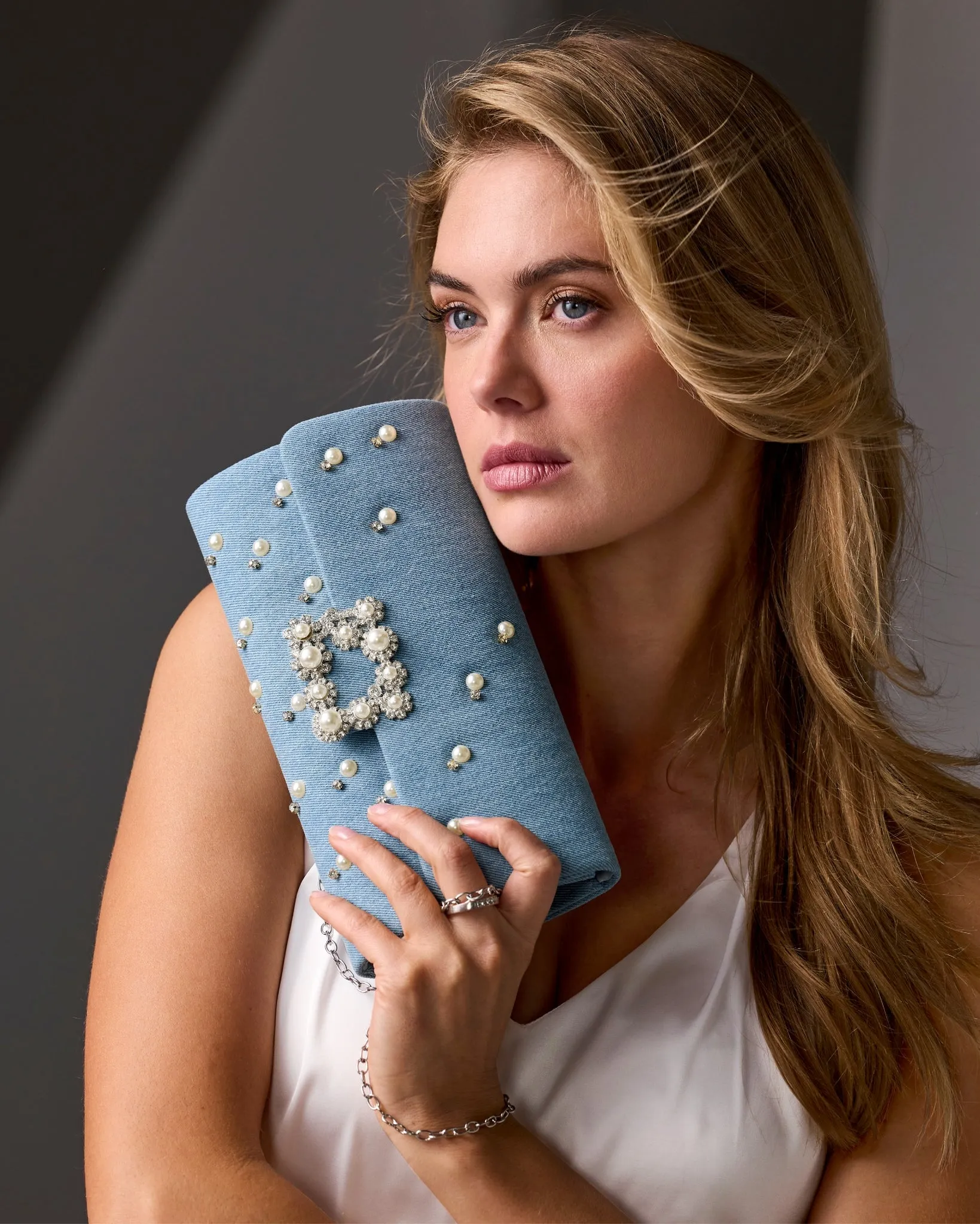 Denim Rhinestone Clutch Blue Denim