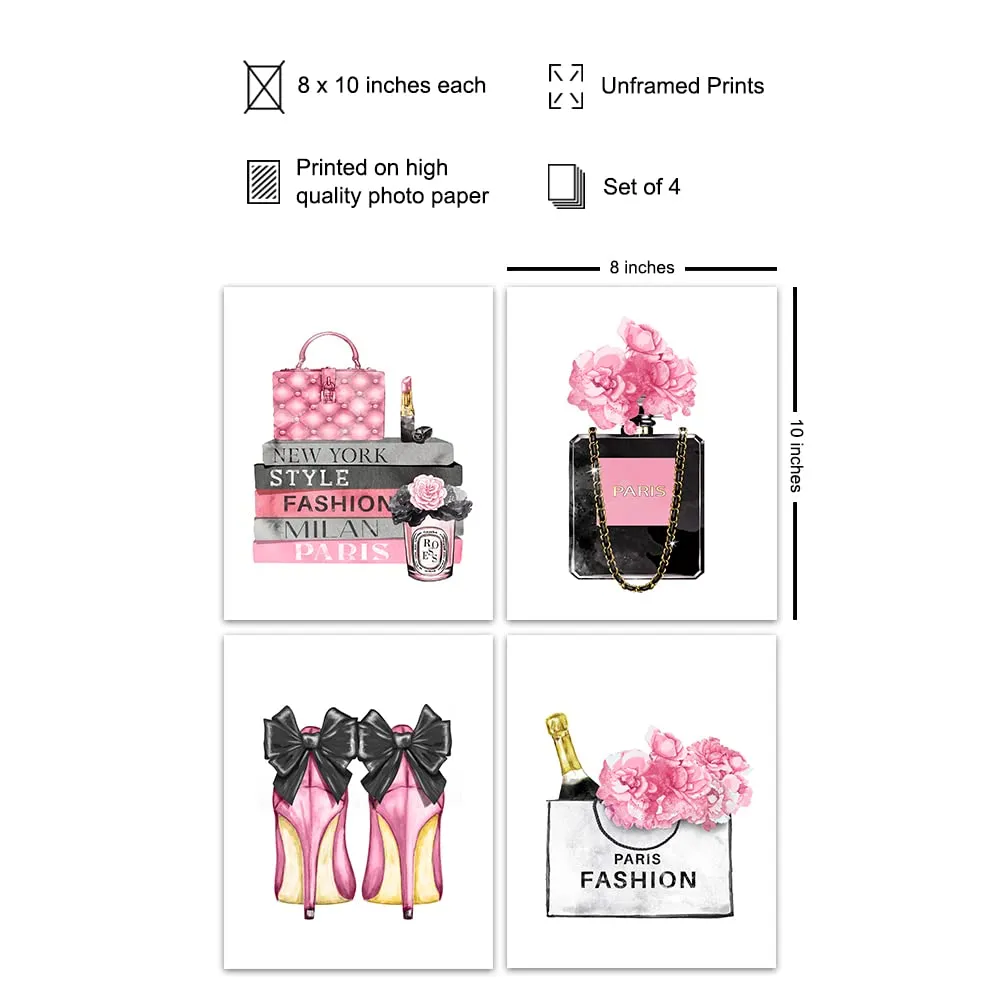 Designer Handbags, Shoes, Perfume Wall Art - Glam Wall Decor - High Fashion Artwork Pictures, Prints Posters Set - Luxury Couture for Women, Teens Room, Girls Bedroom - 4-8x10 Unframed prints