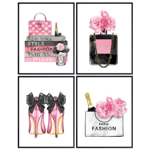 Designer Handbags, Shoes, Perfume Wall Art - Glam Wall Decor - High Fashion Artwork Pictures, Prints Posters Set - Luxury Couture for Women, Teens Room, Girls Bedroom - 4-8x10 Unframed prints