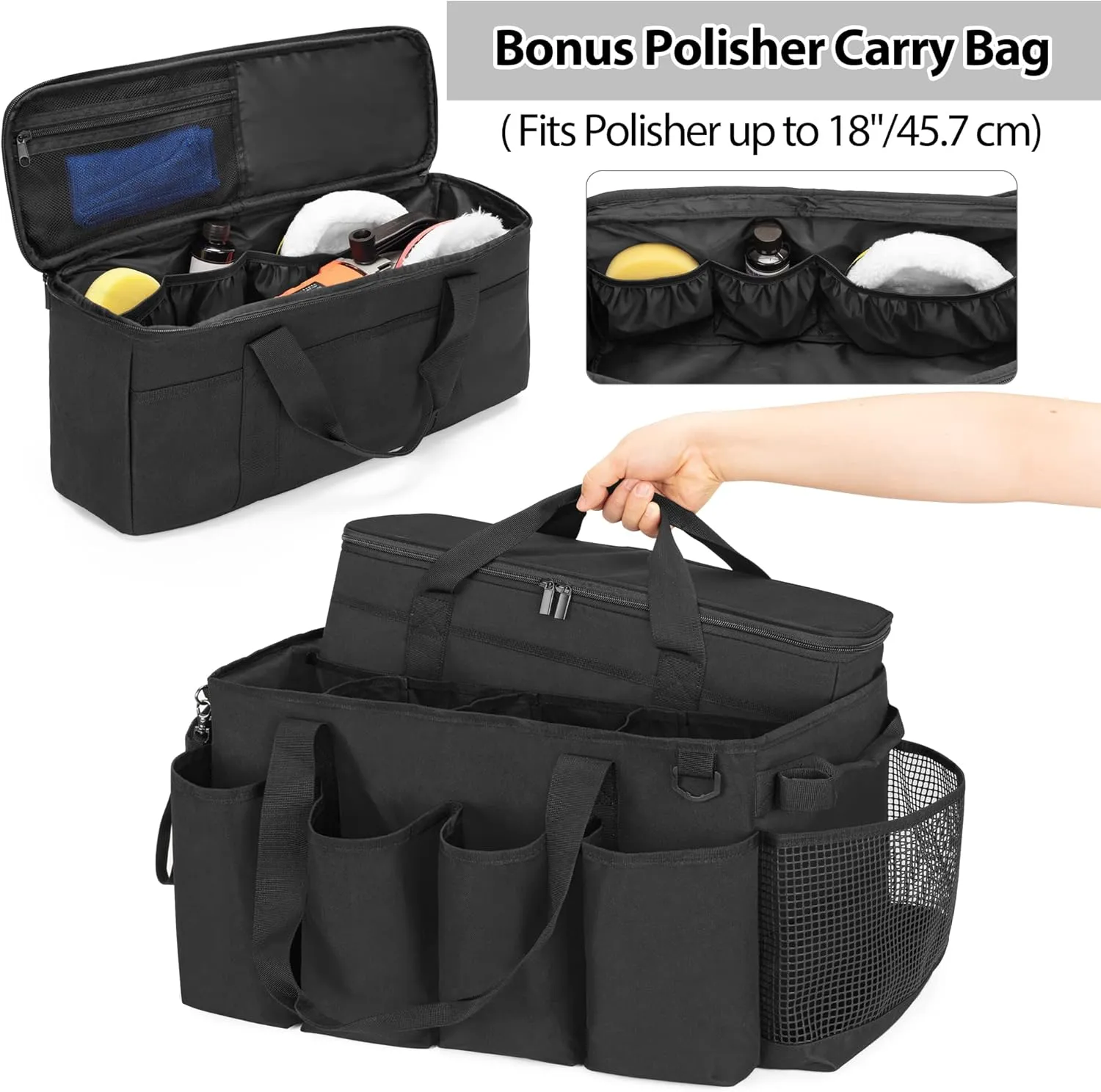 Detailing Bag with Polisher Carry Bag, Large Detail Bag Car Care Box for Auto Detailing Supplies, Car Wash Caddy & Trunk Organizer for Buffer Bottle Towel & Cleaning Kit, Black, Patent Design