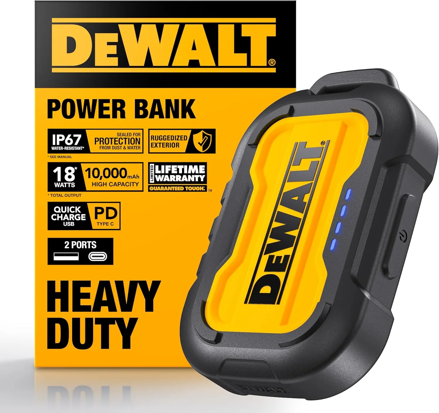 DEWALT Heavy Duty Portable Charger, Power Bank, 10,000 mAh Battery Pack with USB-C Port for iPhone 15/15 Plus/15 Pro/15 Pro Max, iPhone 14/13, Samsung Galaxy