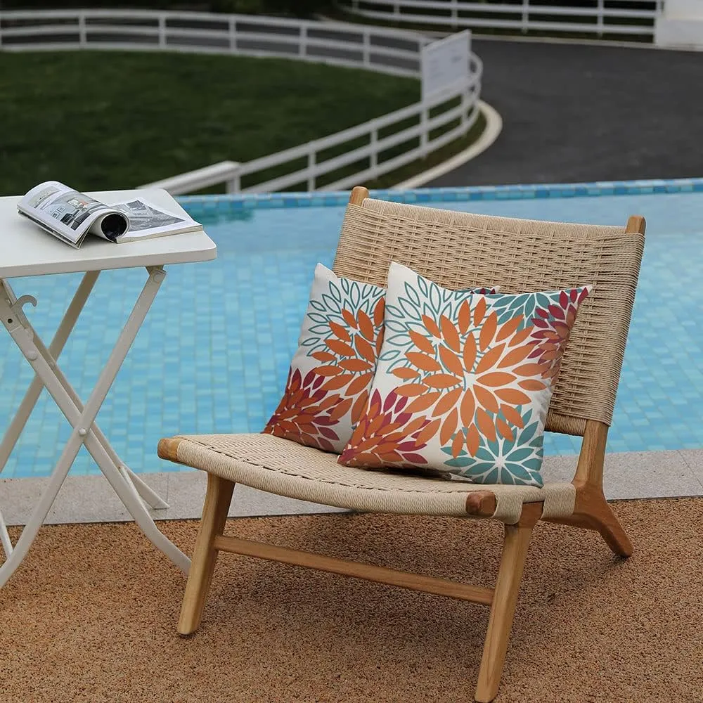 DFXSZ Orange Teal Red Flower Pillow Covers 16x16 Inch Set of 2 Fall Throw Pillows Outdoor Waterproof Decor for Living Room Sofa Patio Funiture Garden Floral Polyester Pillow Covers 002Y16