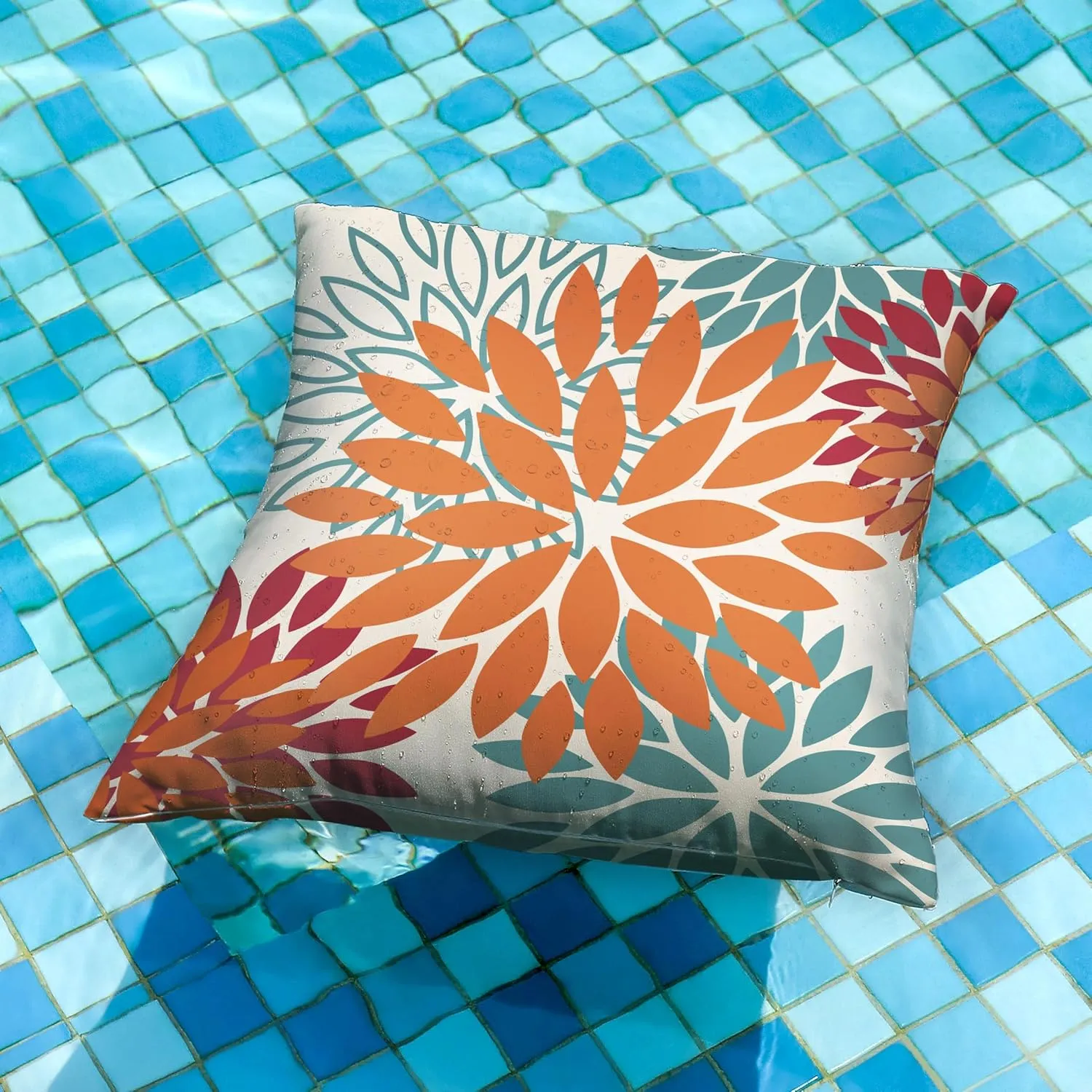 DFXSZ Orange Teal Red Flower Pillow Covers 16x16 Inch Set of 2 Fall Throw Pillows Outdoor Waterproof Decor for Living Room Sofa Patio Funiture Garden Floral Polyester Pillow Covers 002Y16