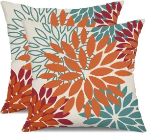 DFXSZ Orange Teal Red Flower Pillow Covers 16x16 Inch Set of 2 Fall Throw Pillows Outdoor Waterproof Decor for Living Room Sofa Patio Funiture Garden Floral Polyester Pillow Covers 002Y16