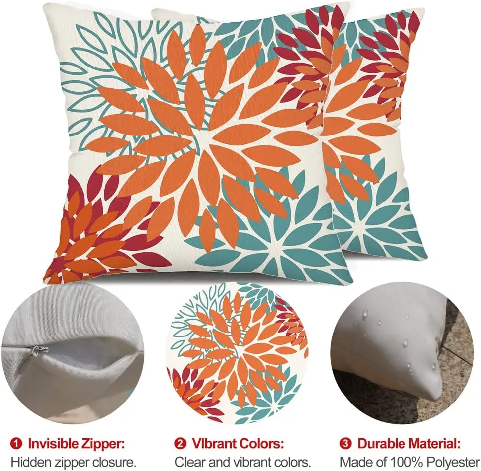 DFXSZ Orange Teal Red Flower Pillow Covers 16x16 Inch Set of 2 Fall Throw Pillows Outdoor Waterproof Decor for Living Room Sofa Patio Funiture Garden Floral Polyester Pillow Covers 002Y16