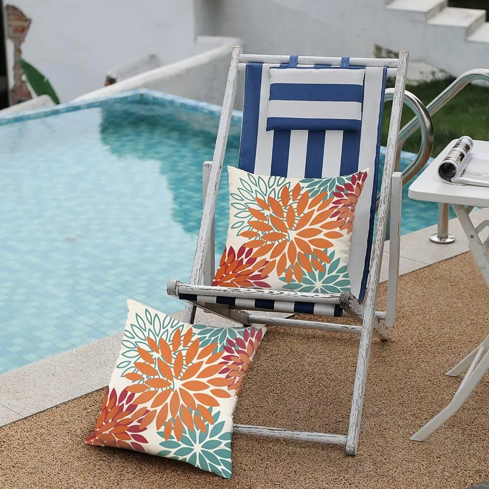 DFXSZ Orange Teal Red Flower Pillow Covers 16x16 Inch Set of 2 Fall Throw Pillows Outdoor Waterproof Decor for Living Room Sofa Patio Funiture Garden Floral Polyester Pillow Covers 002Y16