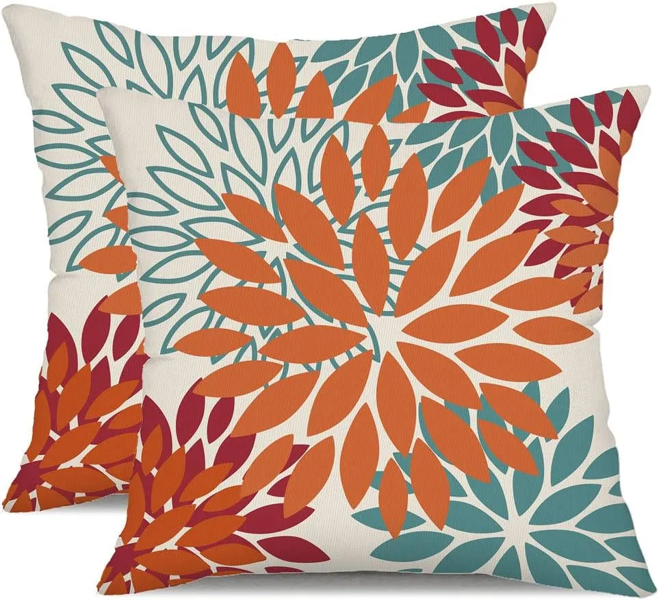 DFXSZ Orange Teal Red Flower Pillow Covers 16x16 Inch Set of 2 Fall Throw Pillows Outdoor Waterproof Decor for Living Room Sofa Patio Funiture Garden Floral Polyester Pillow Covers 002Y16