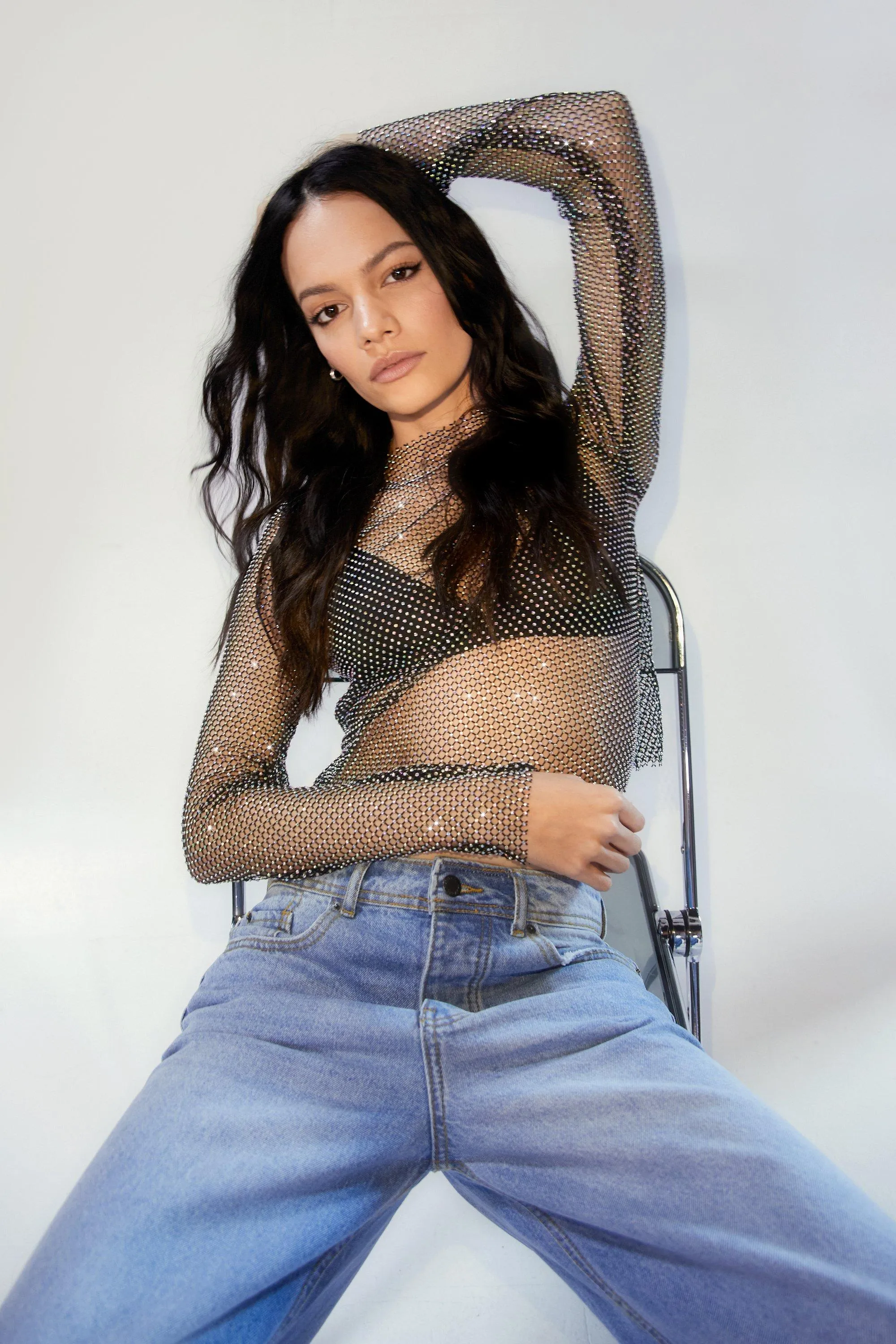 Diamante Mesh Long Sleeves Top
