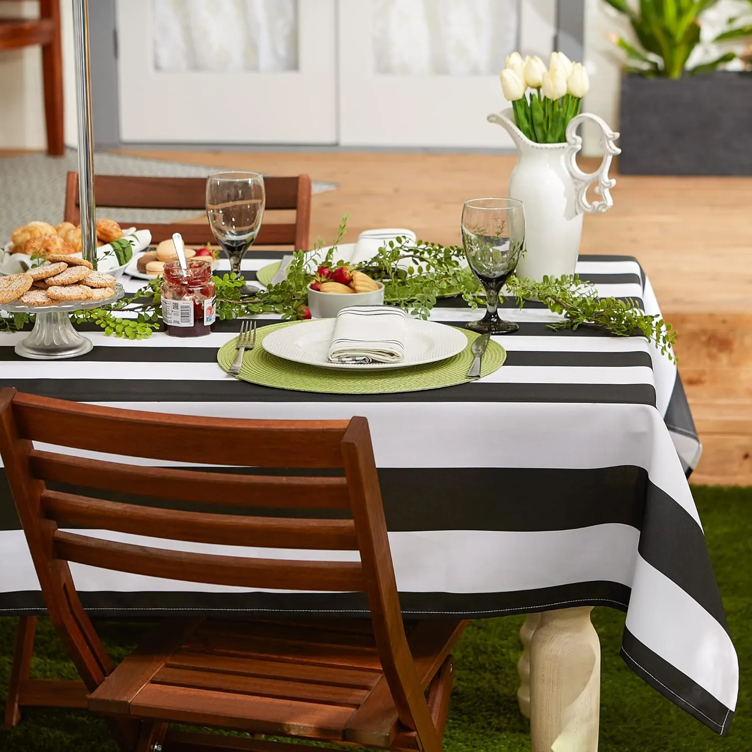 DII Cabana Stripe Outdoor Tabletop Collection, Stain/Wrinkle Resistant & Waterproof, 60" Round, Tablecloth, Black