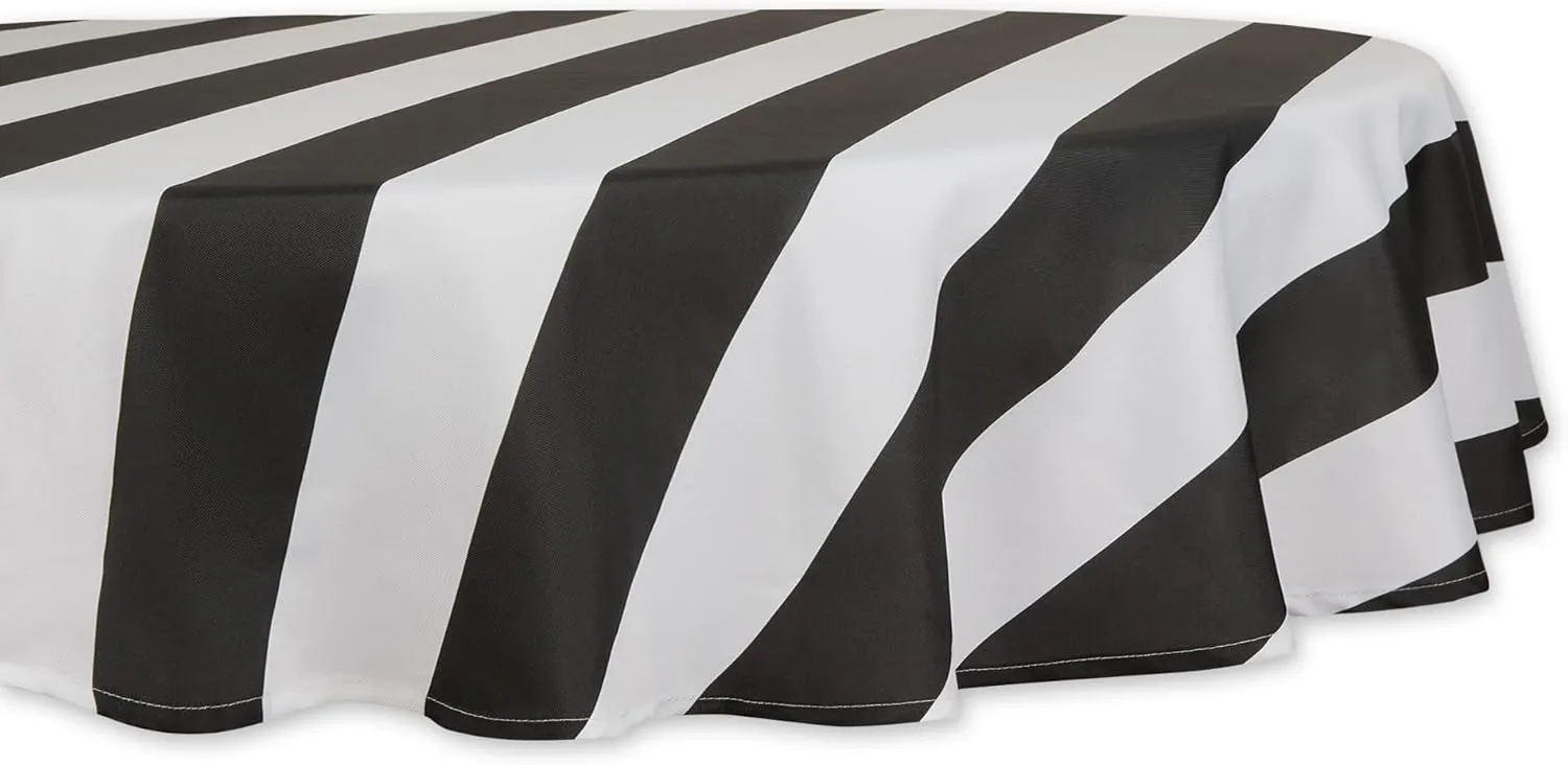 DII Cabana Stripe Outdoor Tabletop Collection, Stain/Wrinkle Resistant & Waterproof, 60" Round, Tablecloth, Black