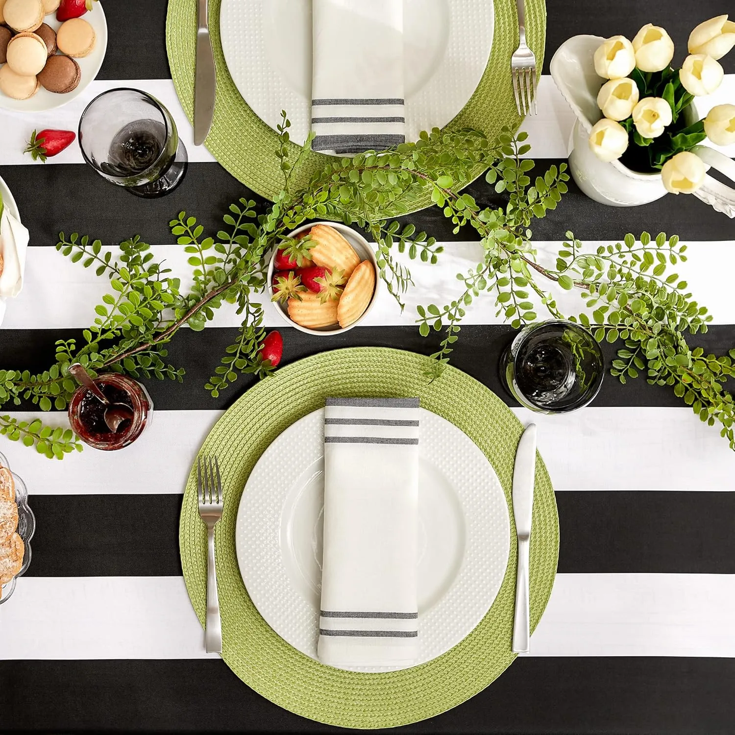 DII Cabana Stripe Outdoor Tabletop Collection, Stain/Wrinkle Resistant & Waterproof, 60" Round, Tablecloth, Black