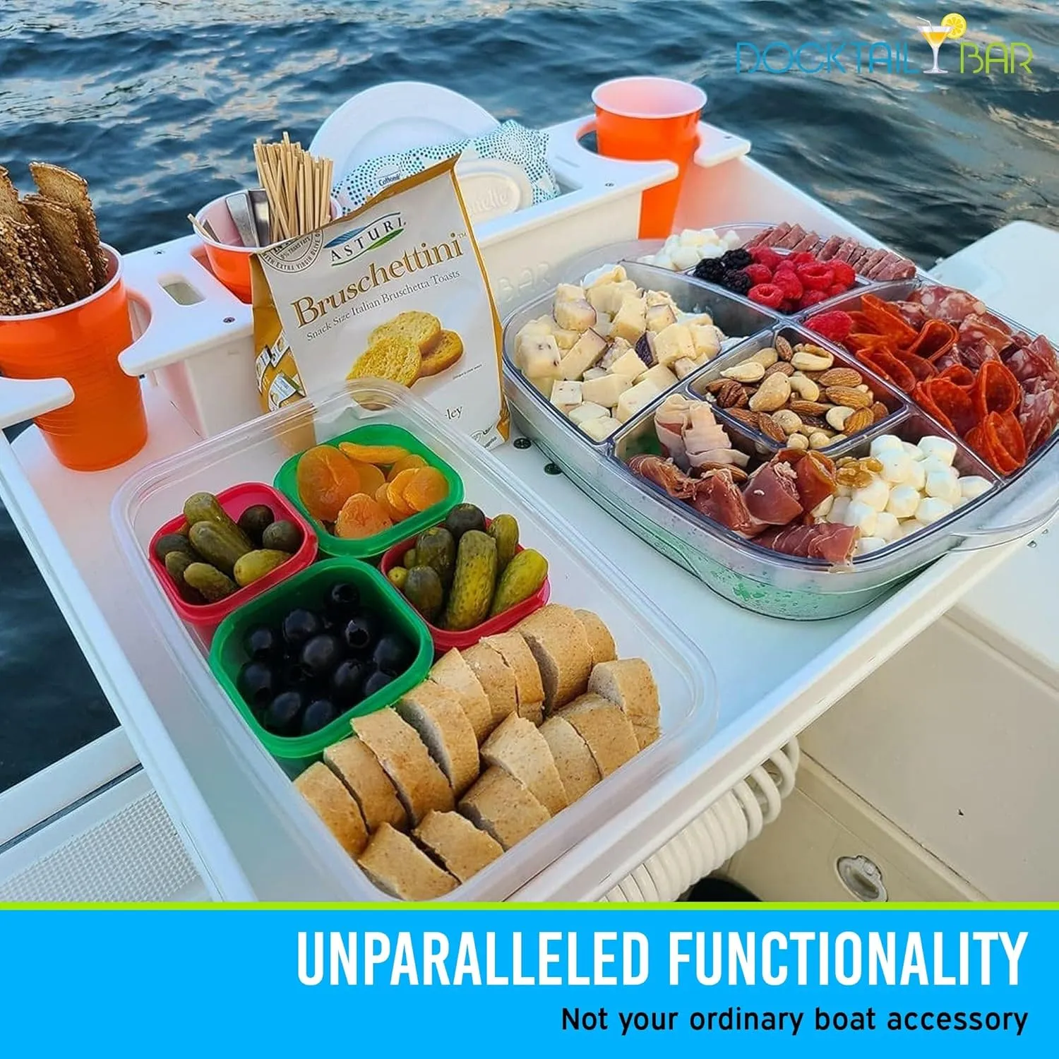 Docktail Bar Utility Boat Table - Includes Rod Holder Mount | Boat Caddy Organizer, Portable Boat Table and Boat Bar, Marine Tables for Boats with Cup Holders, Boat Storage Accessories