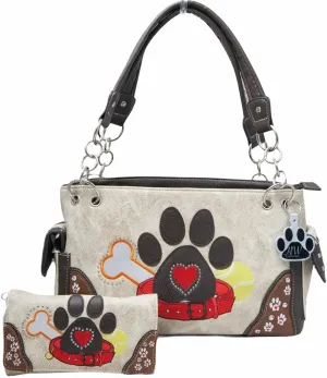 Dog Paw Print Handbag Women Shoulder Purse Wallet Set Western Style