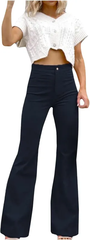 DOLKFU Womens Button Up High Waisted Trousers Flare Bell Bottom Pants Loose Fit Trendy Comfortable Trouser