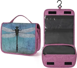 Dragonfly Print,Toiletry Bag Travel Bag with Hanging Hook,Vintage Old Backdrop and Dragonfly,Water-resistant Makeup Cosmetic Bag Organizer for Makeup Accessories,Full-size Container,Blue