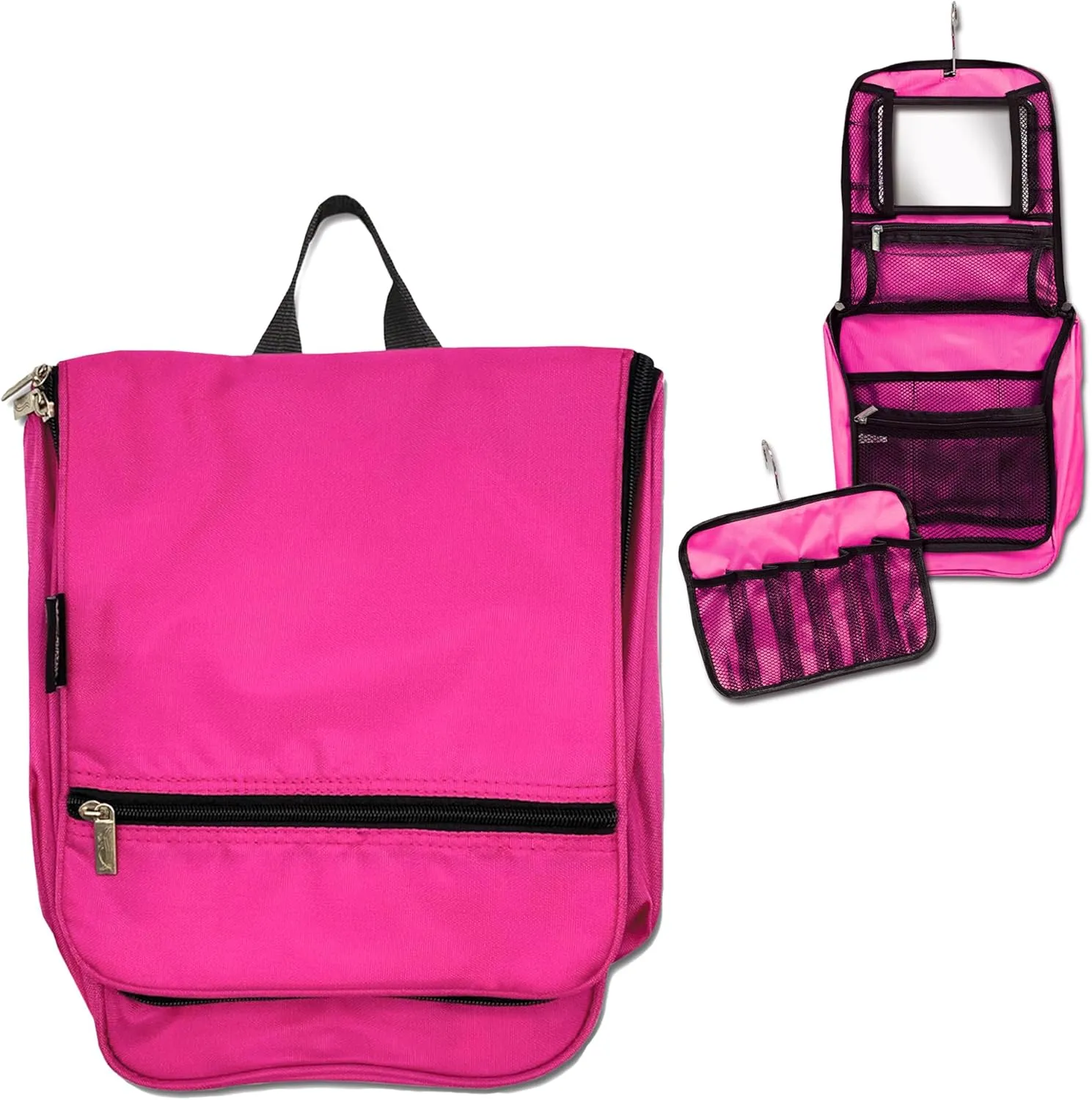 Dream Duffel Hanging Cosmetic Case for Women & Kids, Travel Toiletry Bag with Pockets & Mirror, Holds Dance Competition Essentials, 9”x10”, Pink