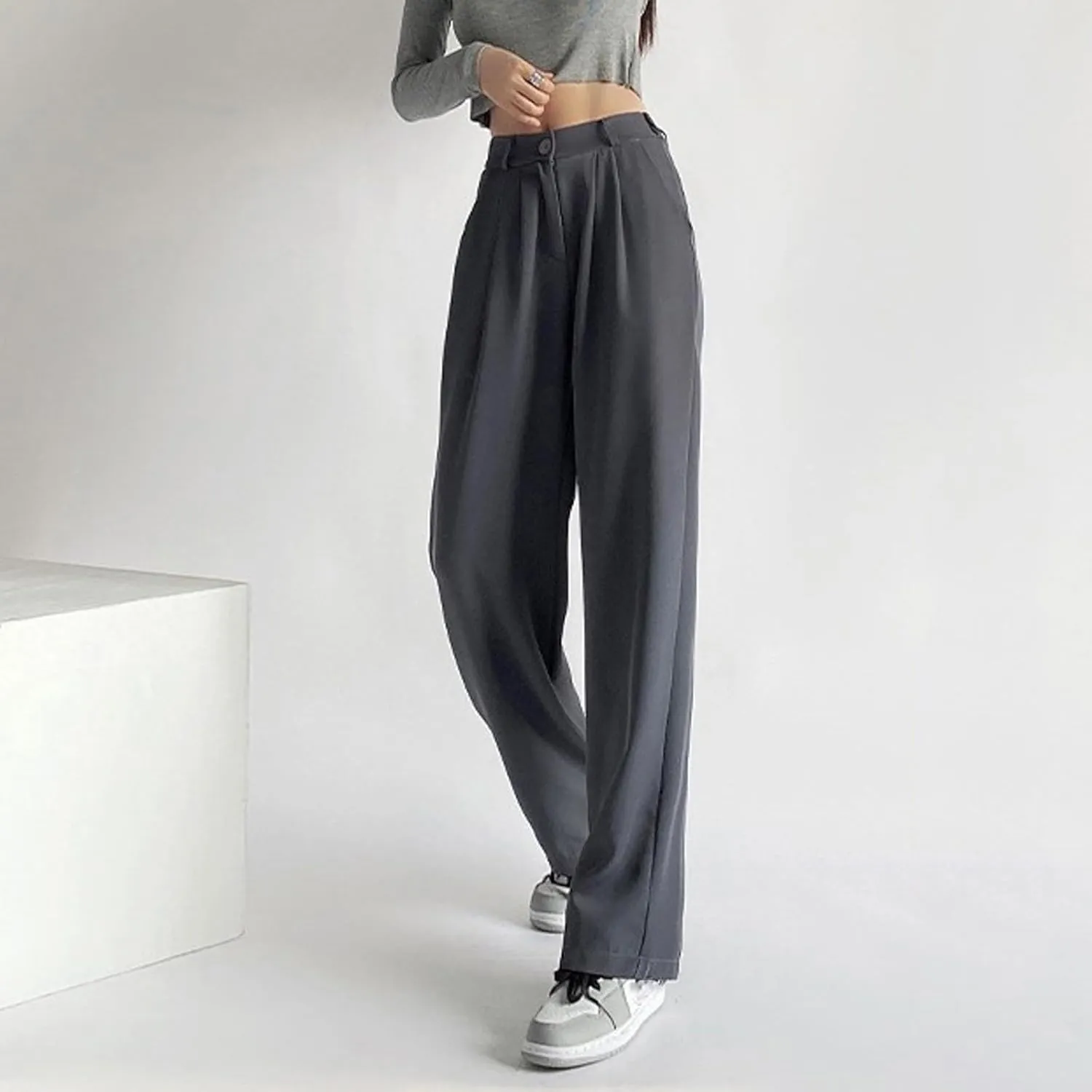 Dress Pants Women Wide Leg High Waisted Button Pleated Business Pants Casual Loose Slacks Trousers with Pockets