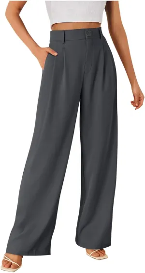 Dress Pants Women Wide Leg High Waisted Button Pleated Business Pants Casual Loose Slacks Trousers with Pockets