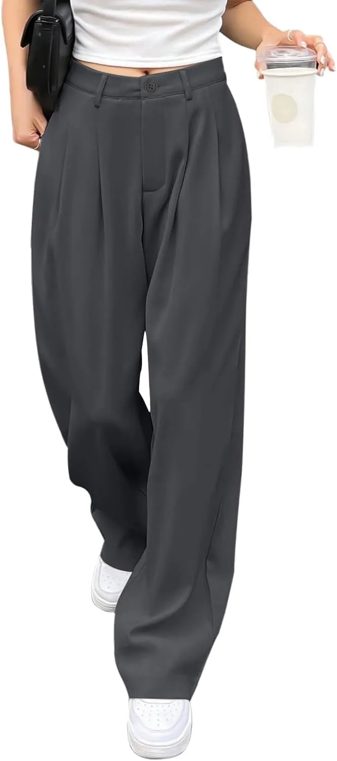 Dress Pants Women Wide Leg High Waisted Button Pleated Business Pants Casual Loose Slacks Trousers with Pockets