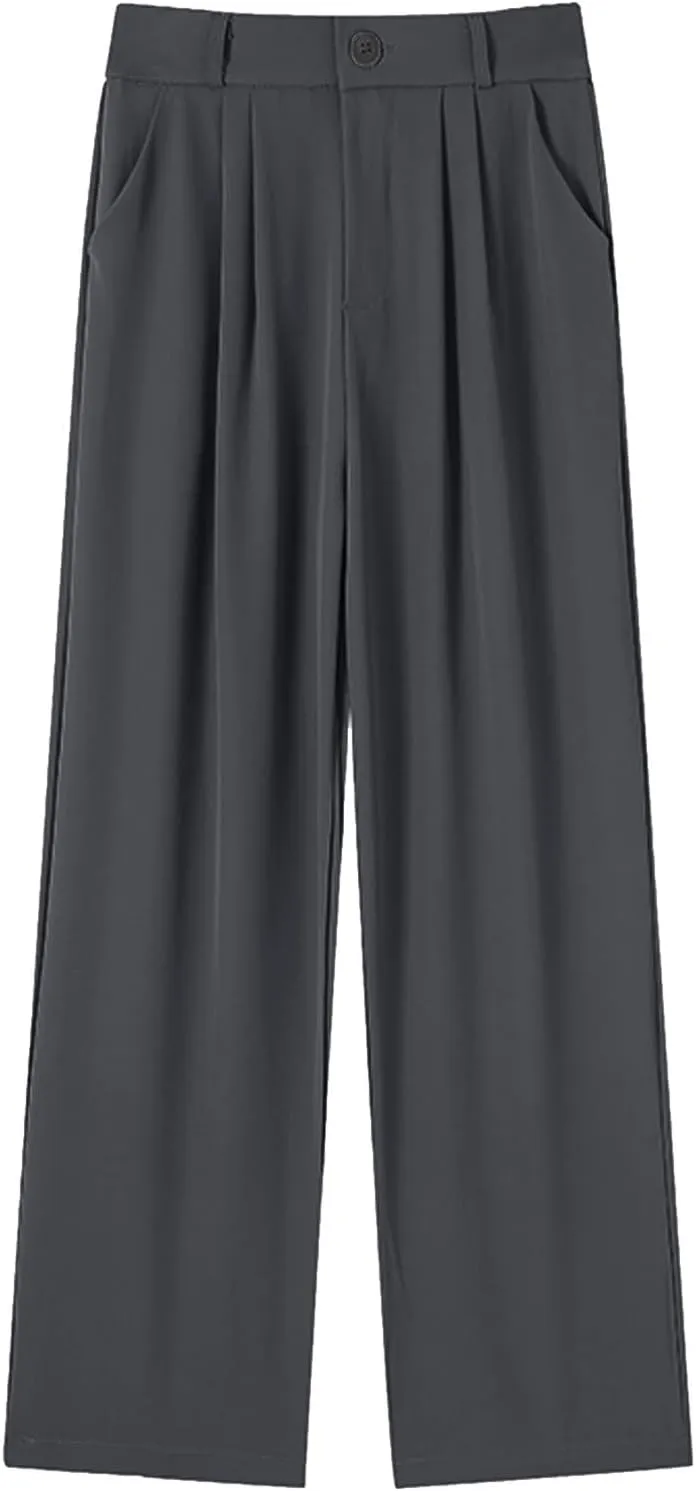 Dress Pants Women Wide Leg High Waisted Button Pleated Business Pants Casual Loose Slacks Trousers with Pockets