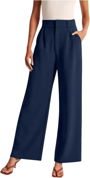 Dress Pants Women Wide Leg High Waisted Button Pleated Business Pants Casual Loose Slacks Trousers with Pockets