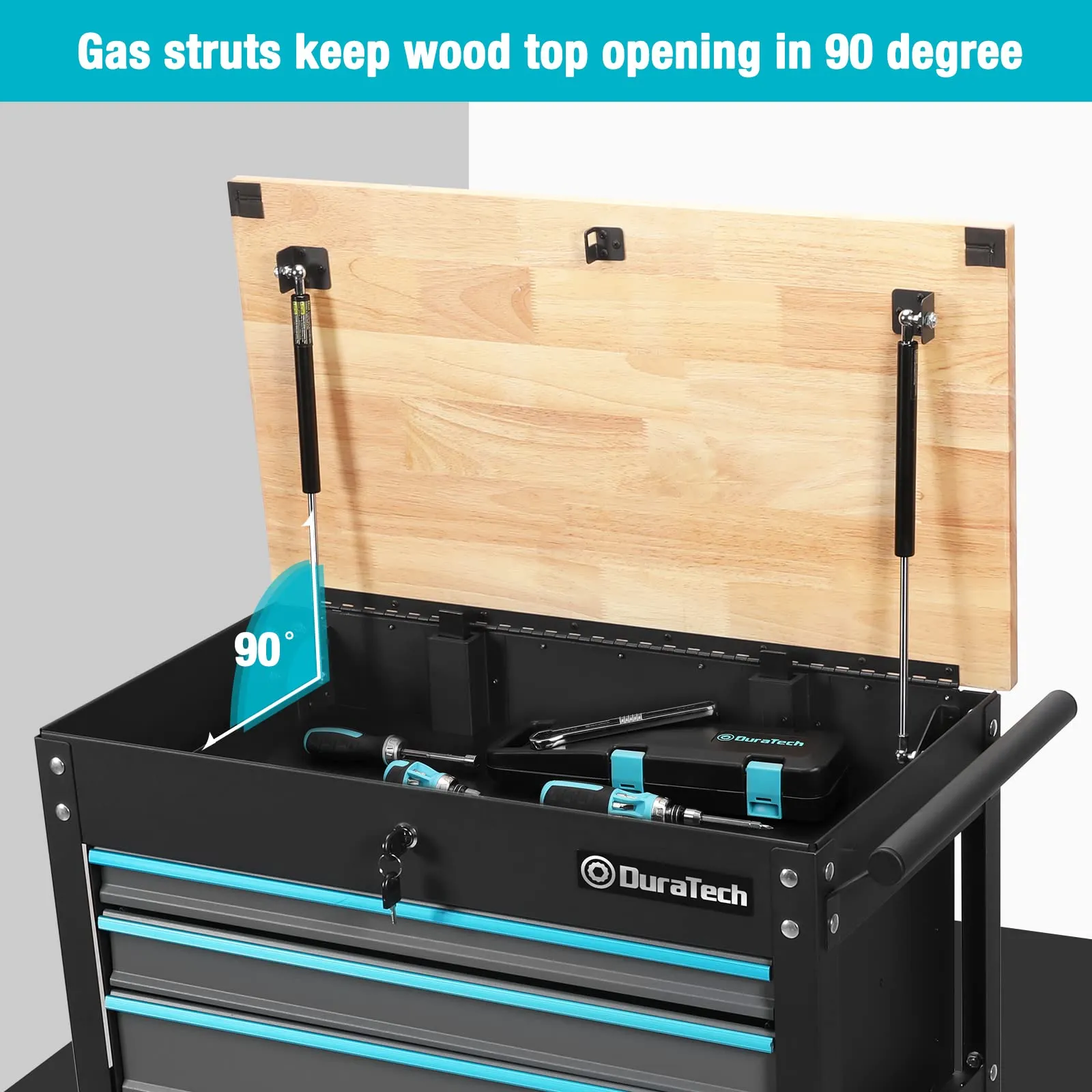 DURATECH 30-1/2 in 3-Drawer Rolling Tool Cart with Wood Top, Heavy Duty Storage Organizer Cabinet, Utility Industrial Service Cart with Casters and