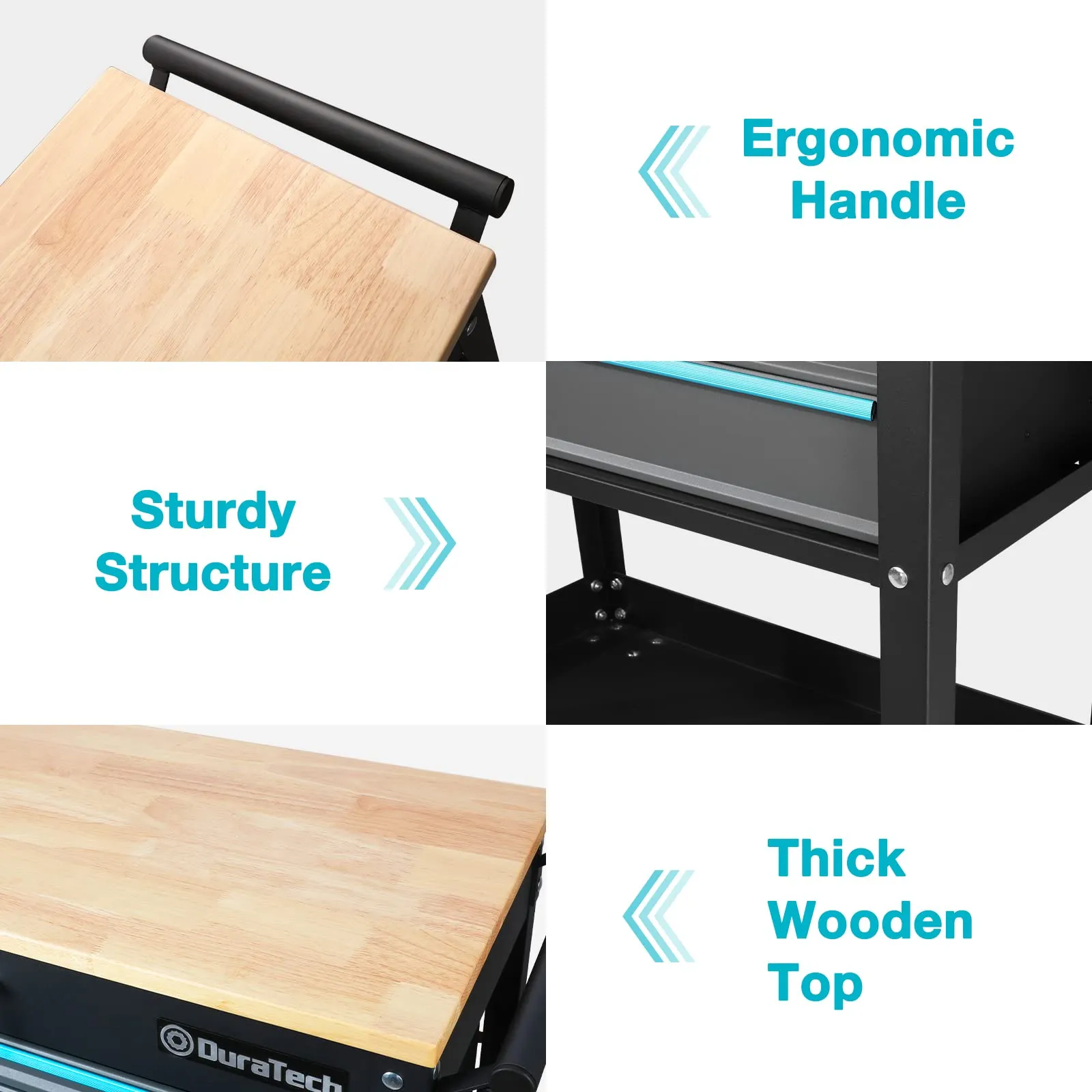 DURATECH 30-1/2 in 3-Drawer Rolling Tool Cart with Wood Top, Heavy Duty Storage Organizer Cabinet, Utility Industrial Service Cart with Casters and