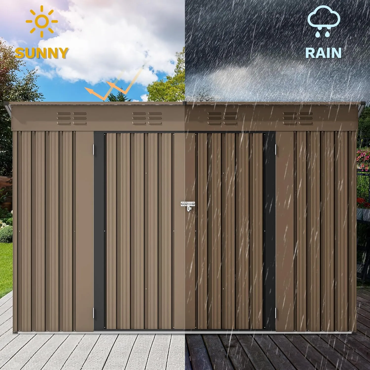 DWVO 9.1' x 4.2' Outdoor Storage Shed, Large Metal Tool Sheds, Heavy Duty Storage House with Lockable Doors & Air Vent for Backyard Patio Lawn to Store Bikes, Tools, Lawnmowers,Brown