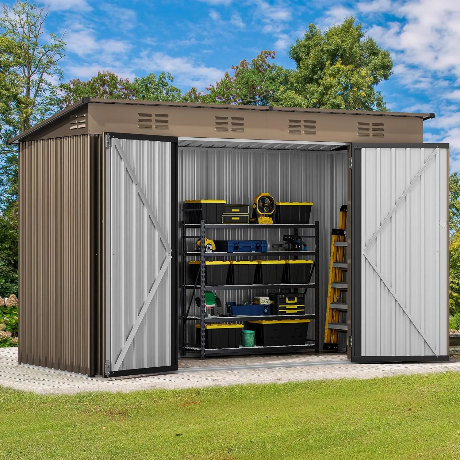 DWVO 9.1' x 4.2' Outdoor Storage Shed, Large Metal Tool Sheds, Heavy Duty Storage House with Lockable Doors & Air Vent for Backyard Patio Lawn to Store Bikes, Tools, Lawnmowers,Brown