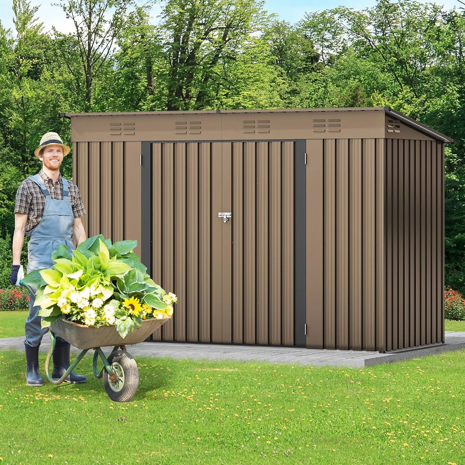 DWVO 9.1' x 4.2' Outdoor Storage Shed, Large Metal Tool Sheds, Heavy Duty Storage House with Lockable Doors & Air Vent for Backyard Patio Lawn to Store Bikes, Tools, Lawnmowers,Brown