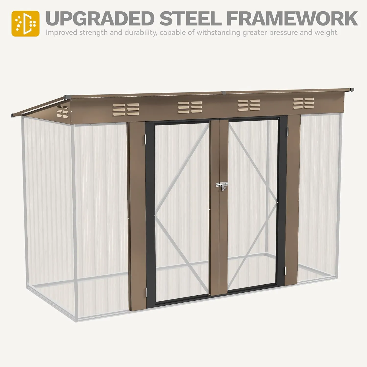 DWVO 9.1' x 4.2' Outdoor Storage Shed, Large Metal Tool Sheds, Heavy Duty Storage House with Lockable Doors & Air Vent for Backyard Patio Lawn to Store Bikes, Tools, Lawnmowers,Brown
