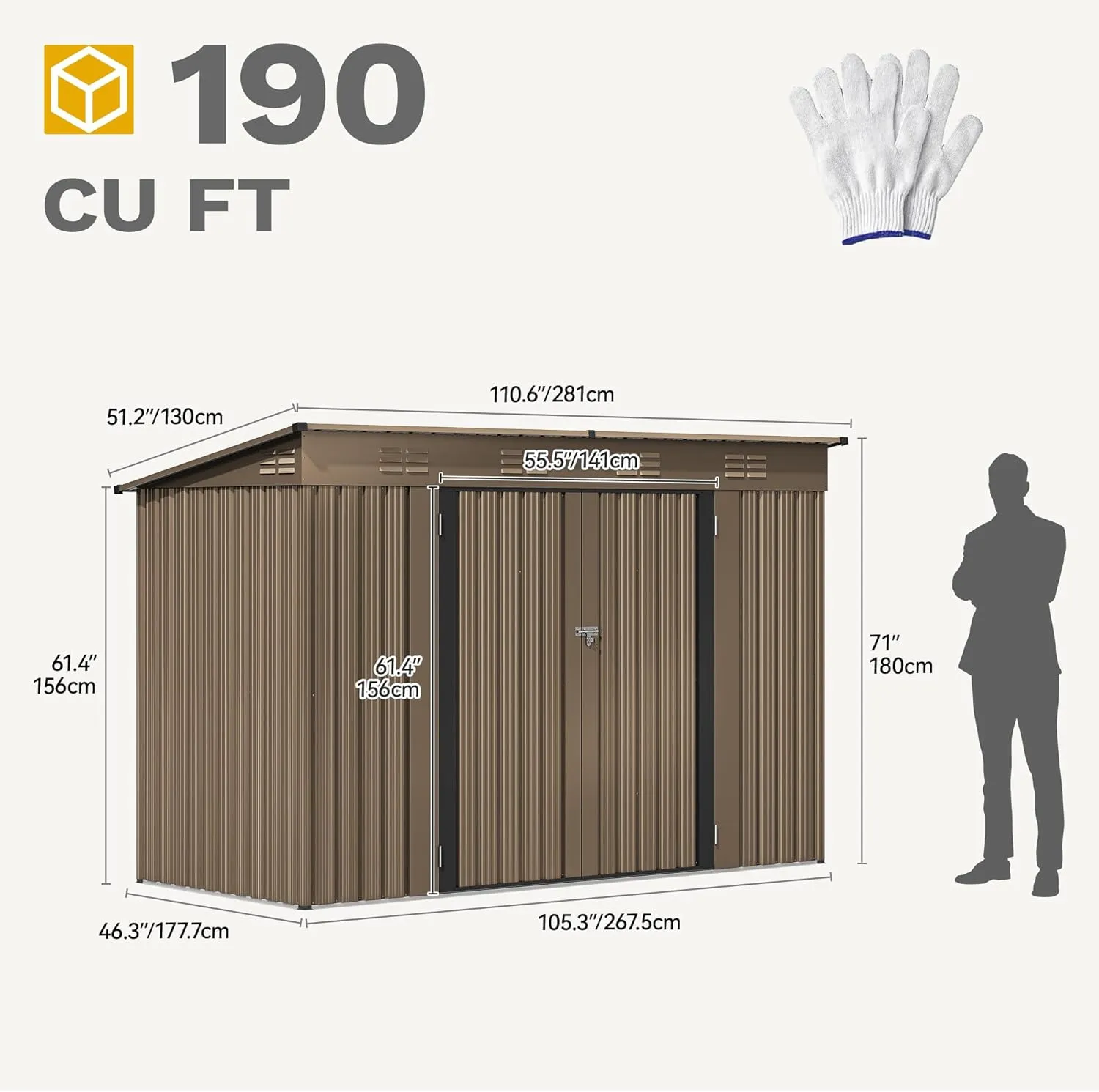 DWVO 9.1' x 4.2' Outdoor Storage Shed, Large Metal Tool Sheds, Heavy Duty Storage House with Lockable Doors & Air Vent for Backyard Patio Lawn to Store Bikes, Tools, Lawnmowers,Brown