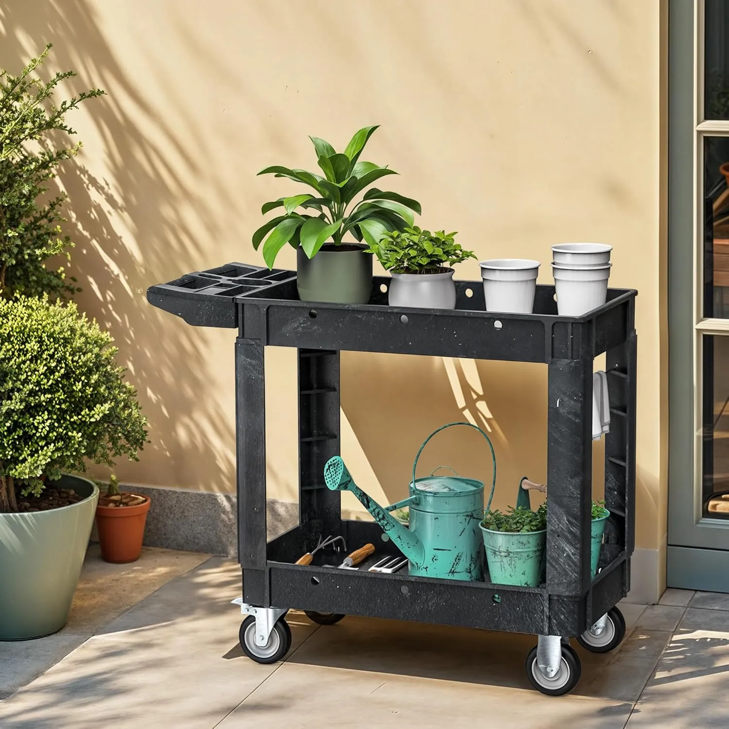 DWVO Utility Cart, 1000 lbs Capacity, 2 Shelf Heavy Duty Plastic Service Utility Cart on Wheels, Rolling Storage Work Carts Suitable for Warehouse, Garage, School & Office, Cleaning, Black