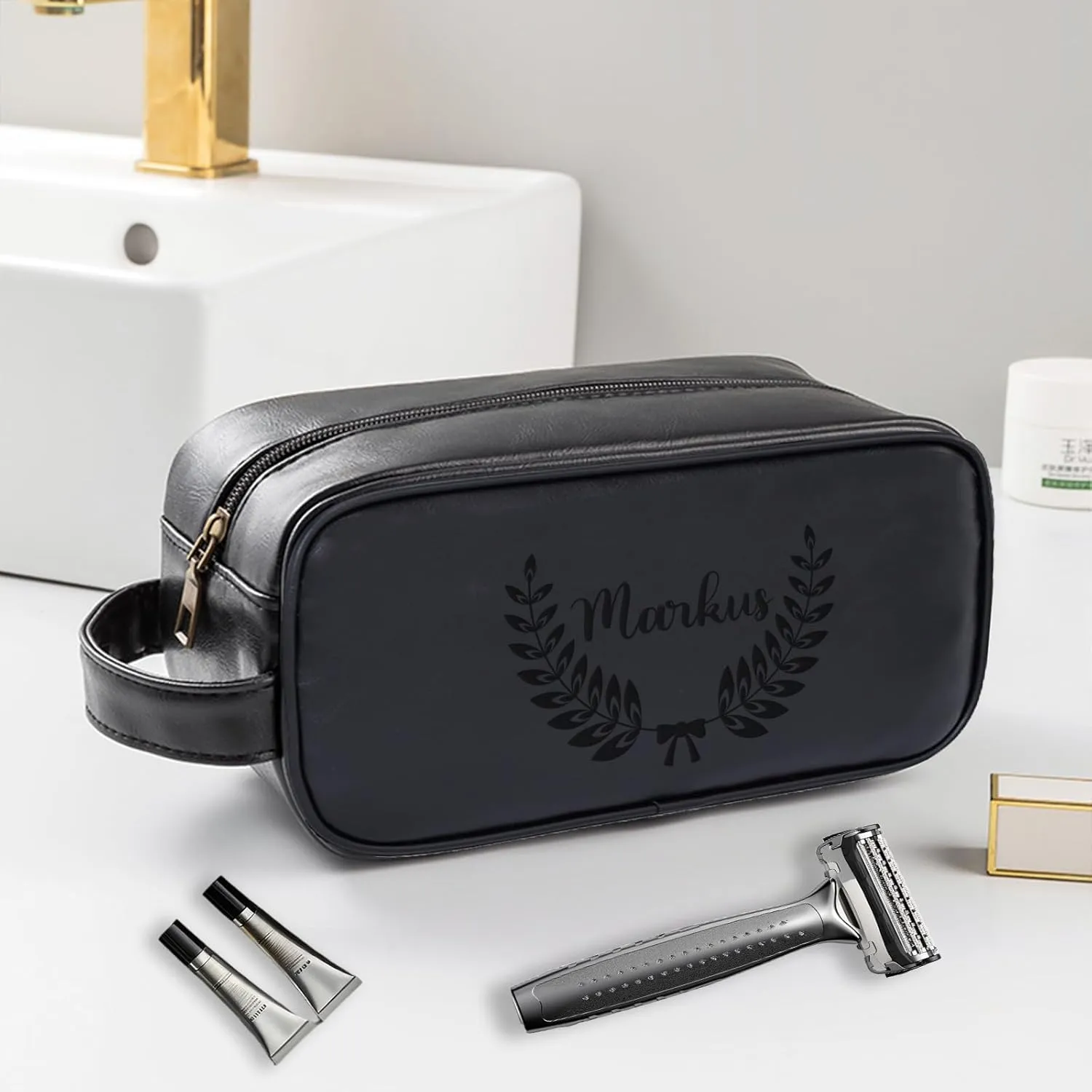EAQ Personalized Toiletry Bag for Men, Personalized Leather Dopp Kits Custom Travel Organizer Engraved Name/Logo for Husband, Boyfriend, Dad, Wedding, Anniversary, Gift