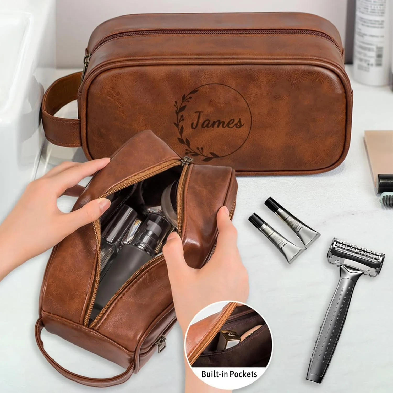 EAQ Personalized Toiletry Bag for Men, Personalized Leather Dopp Kits Custom Travel Organizer Engraved Name/Logo for Husband, Boyfriend, Dad, Wedding, Anniversary, Gift